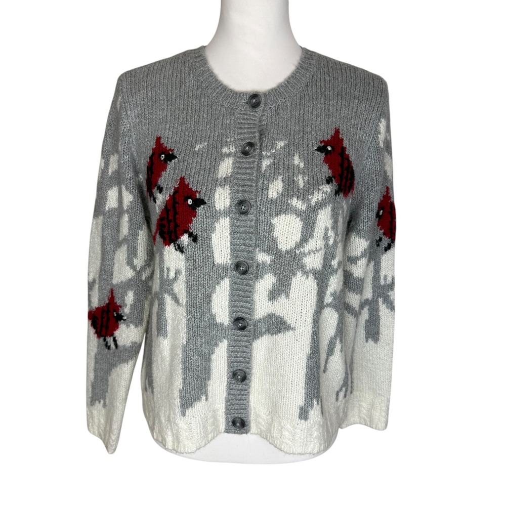 Talbots Petite Medium Snow Cardinal Winter Wool Blend Grey Cardigan Sweater